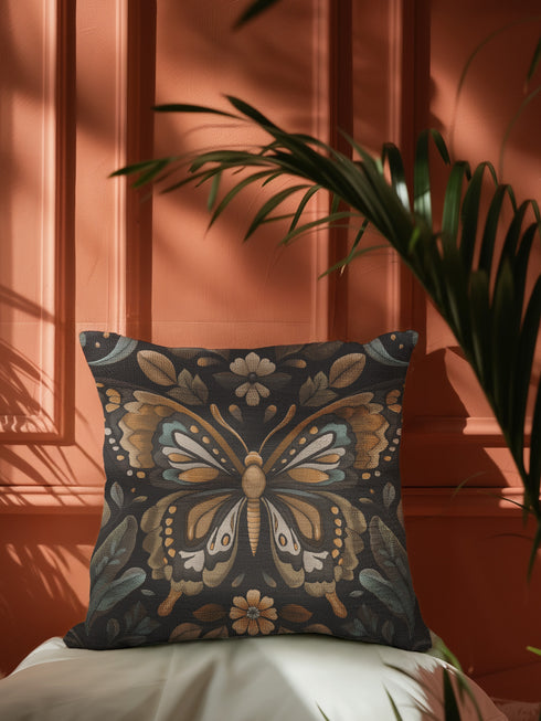 A square decorative pillow featuring an intricately detailed butterfly design in amber, gold, sage green and cream colors against a black background. The butterfly is surrounded by botanical elements with symmetrical floral patterns.